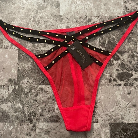 NWT Frederick's of Hollywood Naughty Sheer Red/Black Studded Thong Panties 1X - Picture 1 of 5